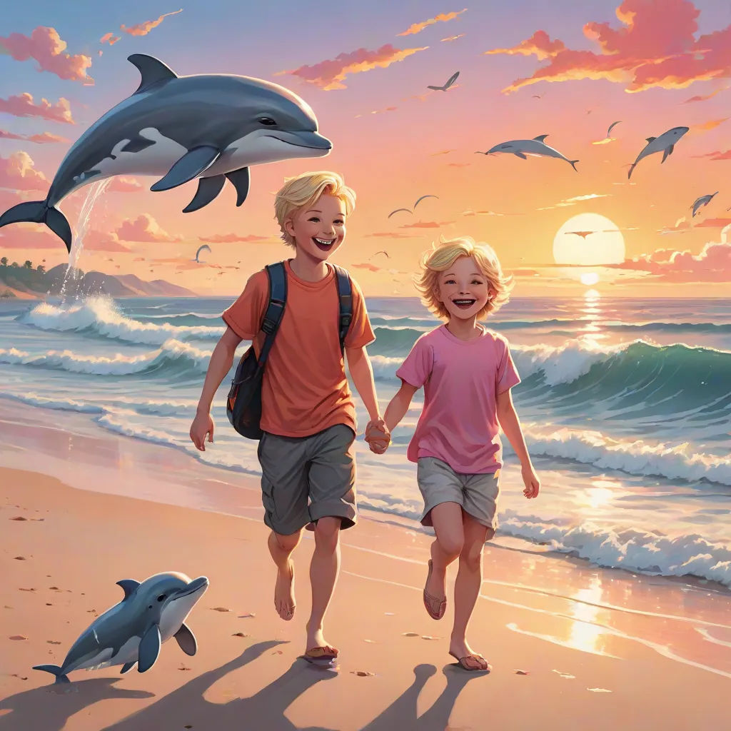 a painting of two children walking on a beach with dolphins in the background and a sunset in the background, american scene painting, a storybook illustration, Brothers Hildebrandt, official art