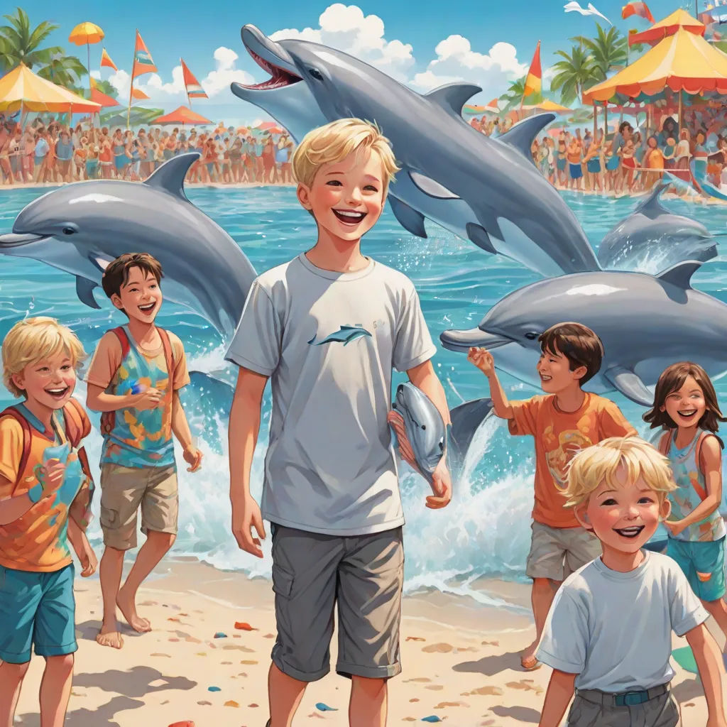 a boy standing on a beach with dolphins in the background and a group of children standing around him smiling, fantastic realism, a storybook illustration, Drew Struzan, official art