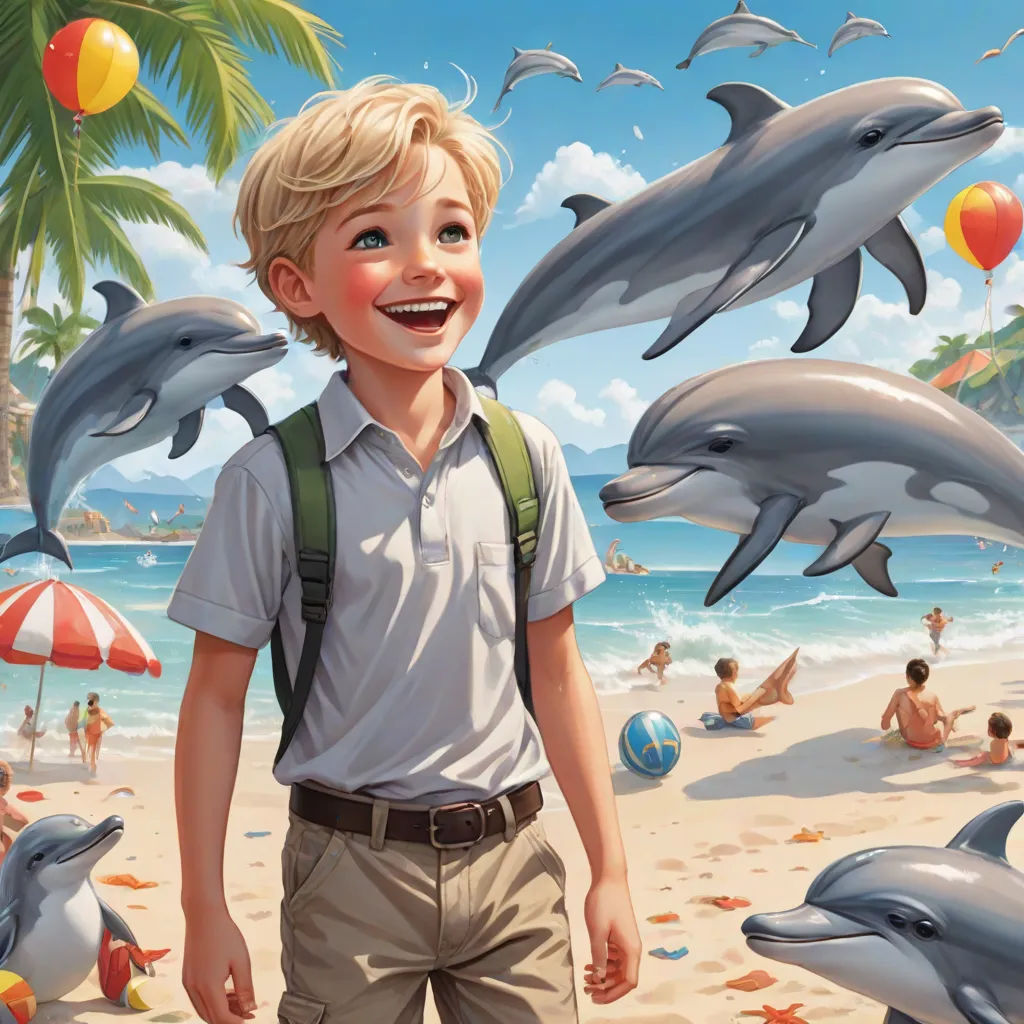 a boy standing on a beach with dolphins in the background and a beach ball in the air with people in the water, fantastic realism, a storybook illustration, Bob Byerley, official art