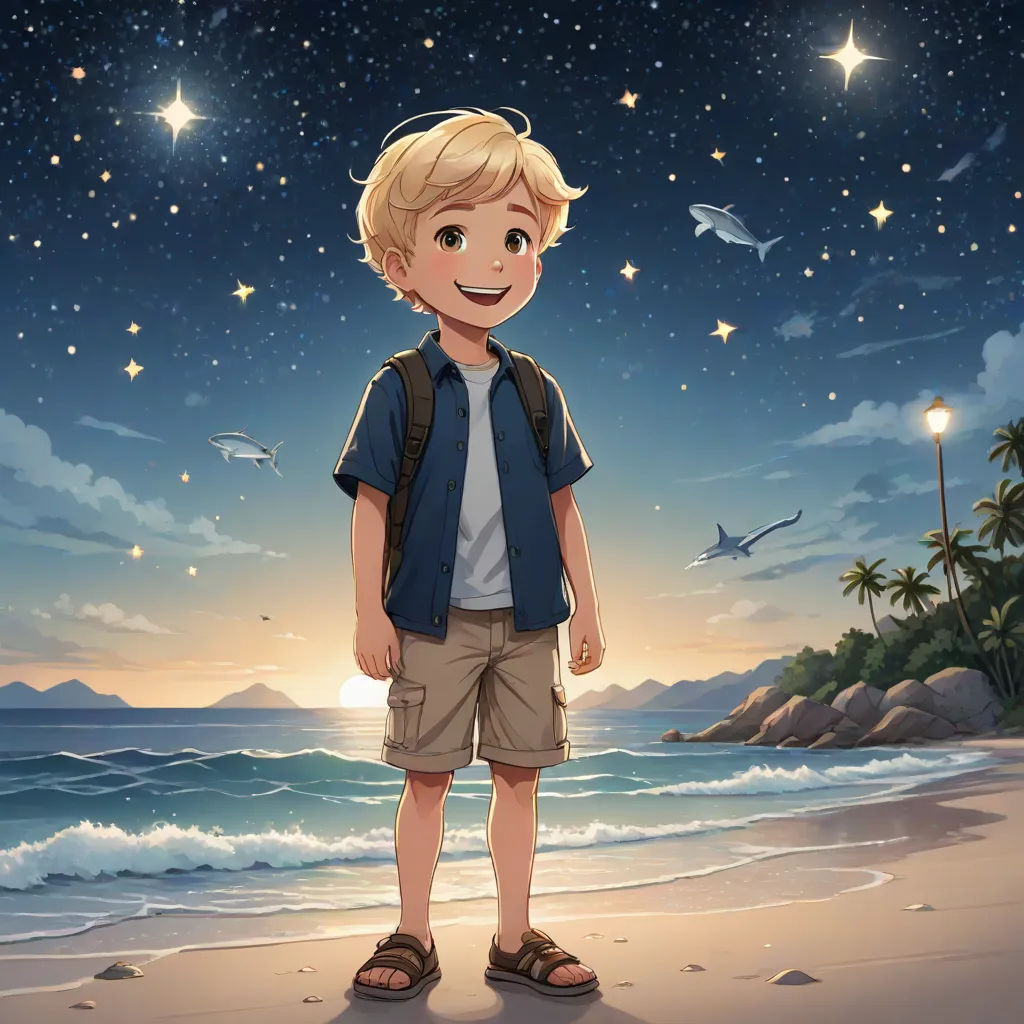 a boy standing on a beach with a backpack on his back and a star filled sky in the background, space art, a storybook illustration, Cliff Childs, official art
