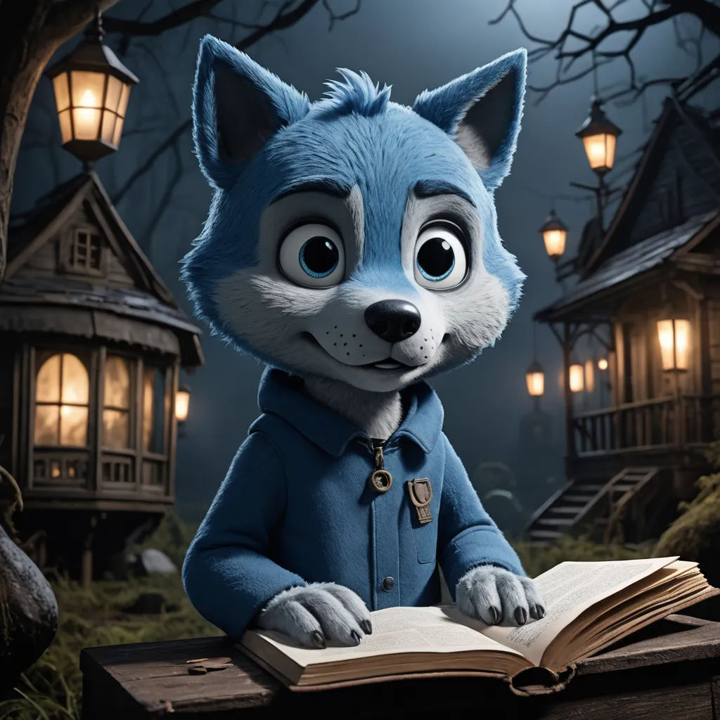 a cartoon character is reading a book in front of a house with a full moon in the background and a full moon in the sky, furry art, a character portrait, Chris LaBrooy, promotional image