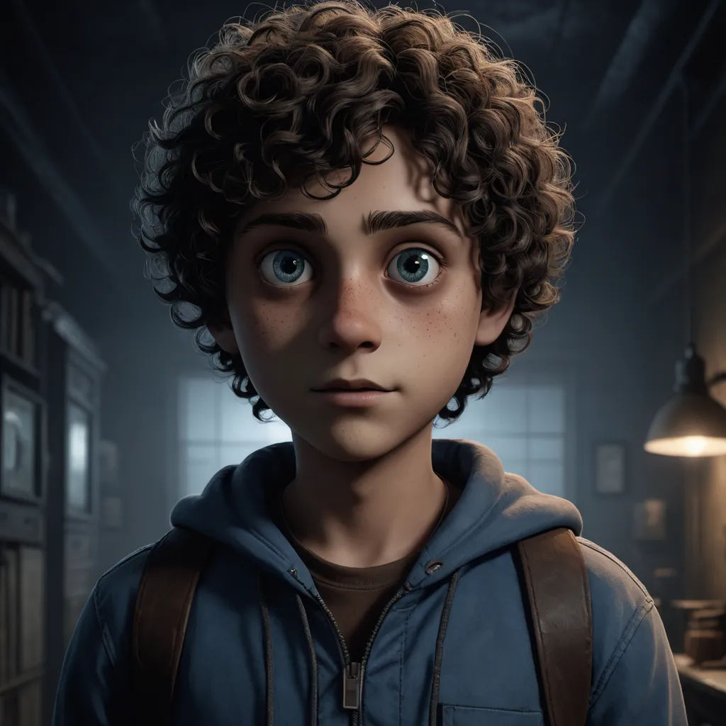 a young boy with curly hair and a backpack looks into the camera in a dark room with a lamp on, photorealism, a character portrait, Eddie Mendoza, unreal engine highly rendered