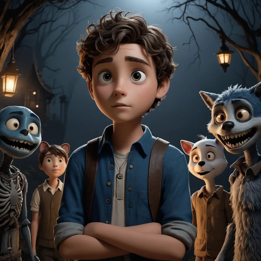a boy with his arms crossed standing in front of a group of animated characters in a creepy forest at night, sots art, poster art, Eddie Mendoza, promotional image