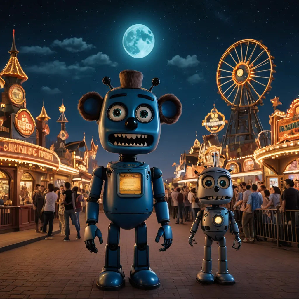 a couple of robots standing next to each other in front of a carnival ride at night with a full moon, sots art, concept art, Chris LaBrooy, promotional image