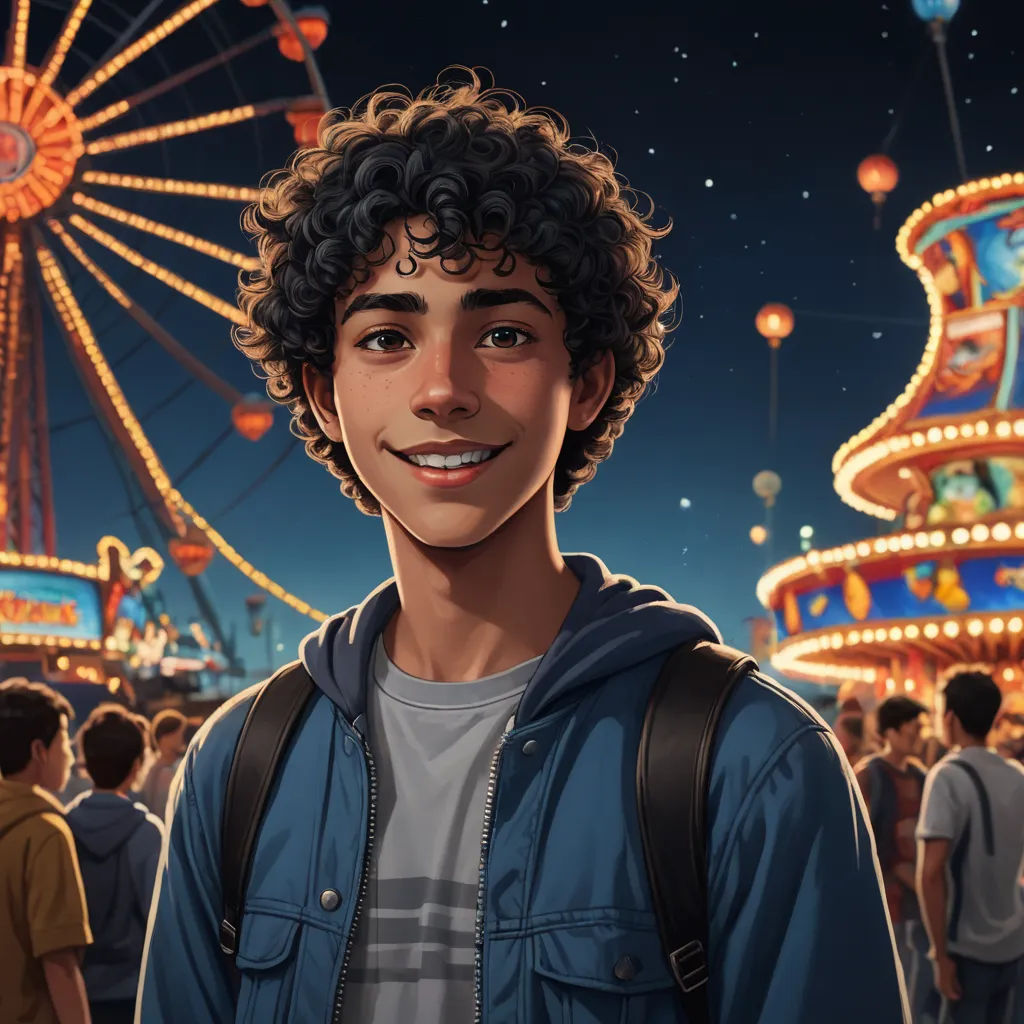 a man standing in front of a carnival ride at night with a ferris wheel in the background and a lit up carnival, photorealism, a character portrait, Eddie Mendoza, ultra realistic illustration