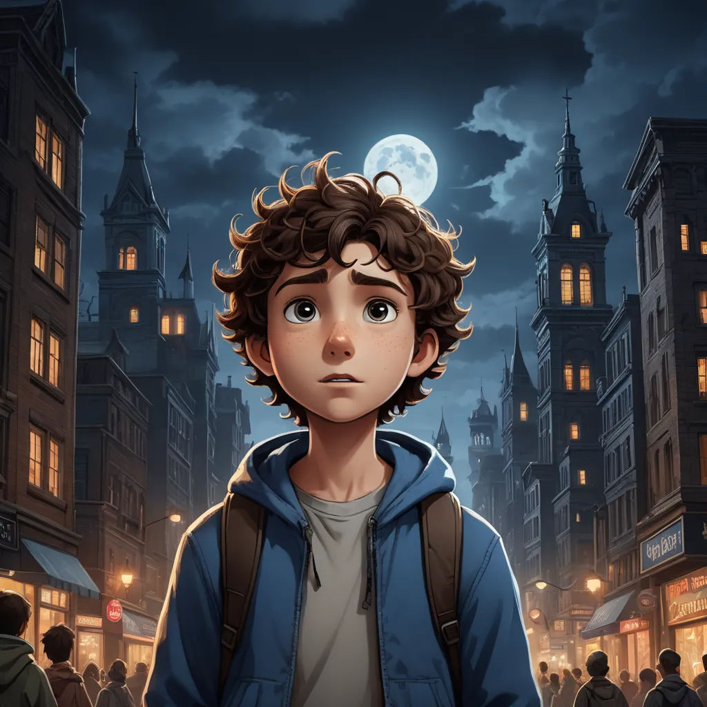 a boy in a blue jacket standing in front of a city at night with a full moon in the sky, serial art, a character portrait, Clint Cearley, rossdraws global illumination