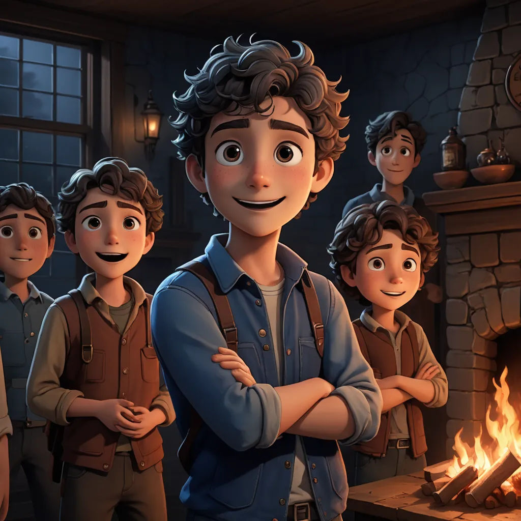 a group of people standing around a fire place with a man in a blue shirt and a woman in a brown shirt, sots art, concept art, Anne Said, official art