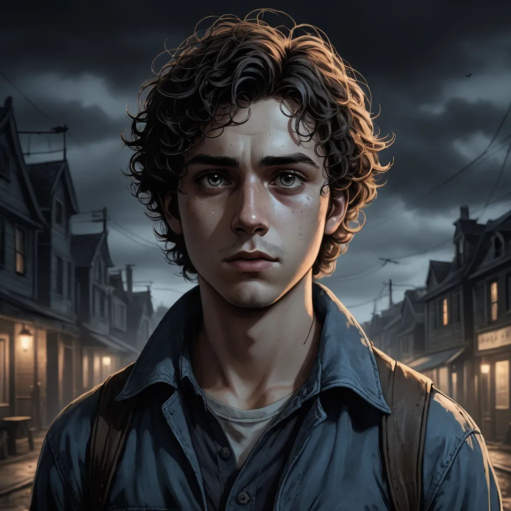 a man with curly hair and a backpack on a street at night with a dark sky in the background, serial art, a character portrait, Aaron Jasinski, character portrait