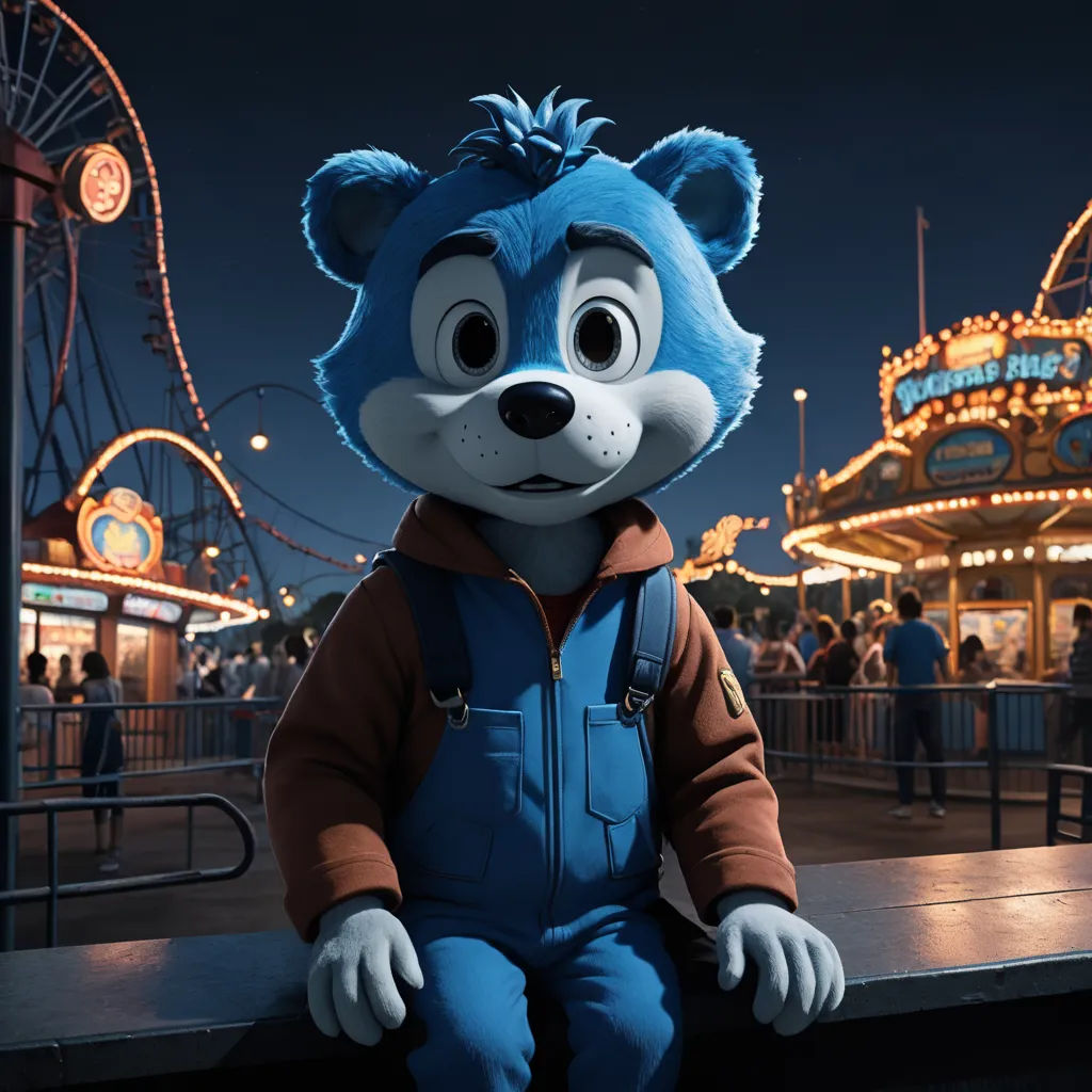 a blue and brown bear sitting on a bench in front of a carnival ride at night with people in the background, photorealism, a character portrait, Chris LaBrooy, promotional image