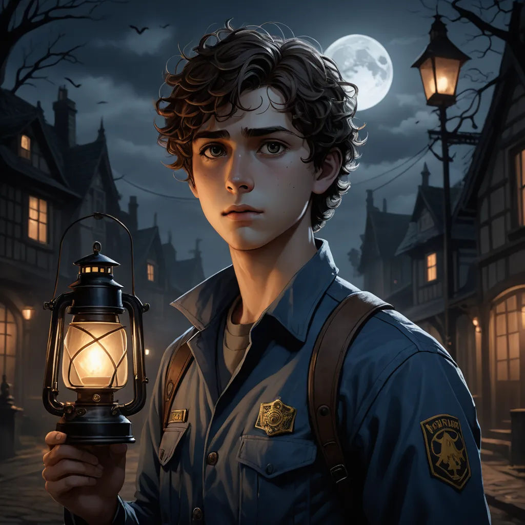 a boy holding a lantern in front of a full moon in a dark city at night with a full moon in the background, fantasy art, a character portrait, Aaron Jasinski, rossdraws global illumination