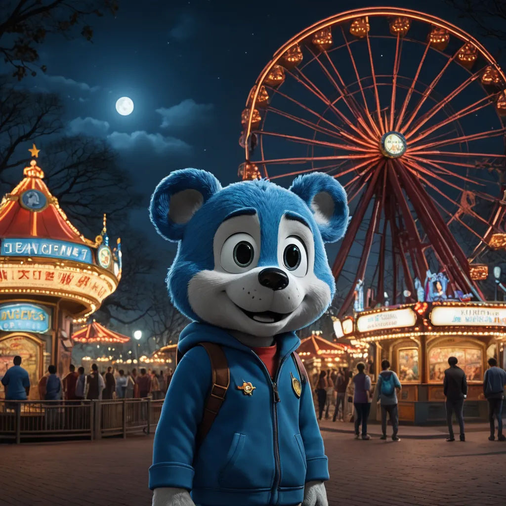 a blue bear is standing in front of a carnival ride at night with a ferris wheel in the background, furry art, a character portrait, Chris LaBrooy, promotional image