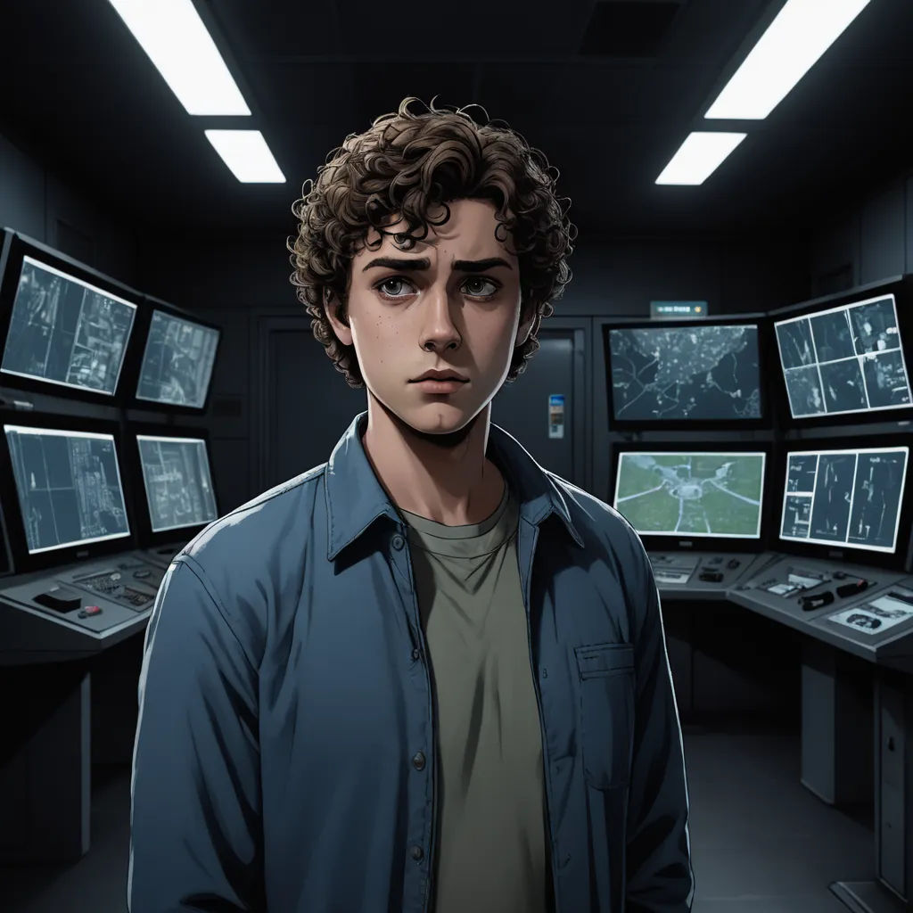 a man standing in front of a bunch of monitors in a room with lights on the ceiling and a lot of monitors on the walls, sots art, a character portrait, David Park, official art
