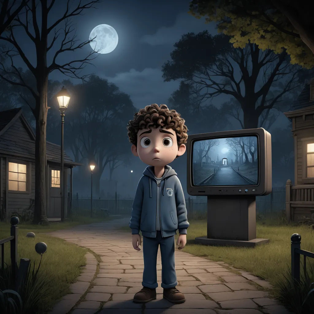 a boy standing in front of a tv in a park at night with a full moon in the background, sots art, a detailed matte painting, Eddie Mendoza, pixar and disney animation