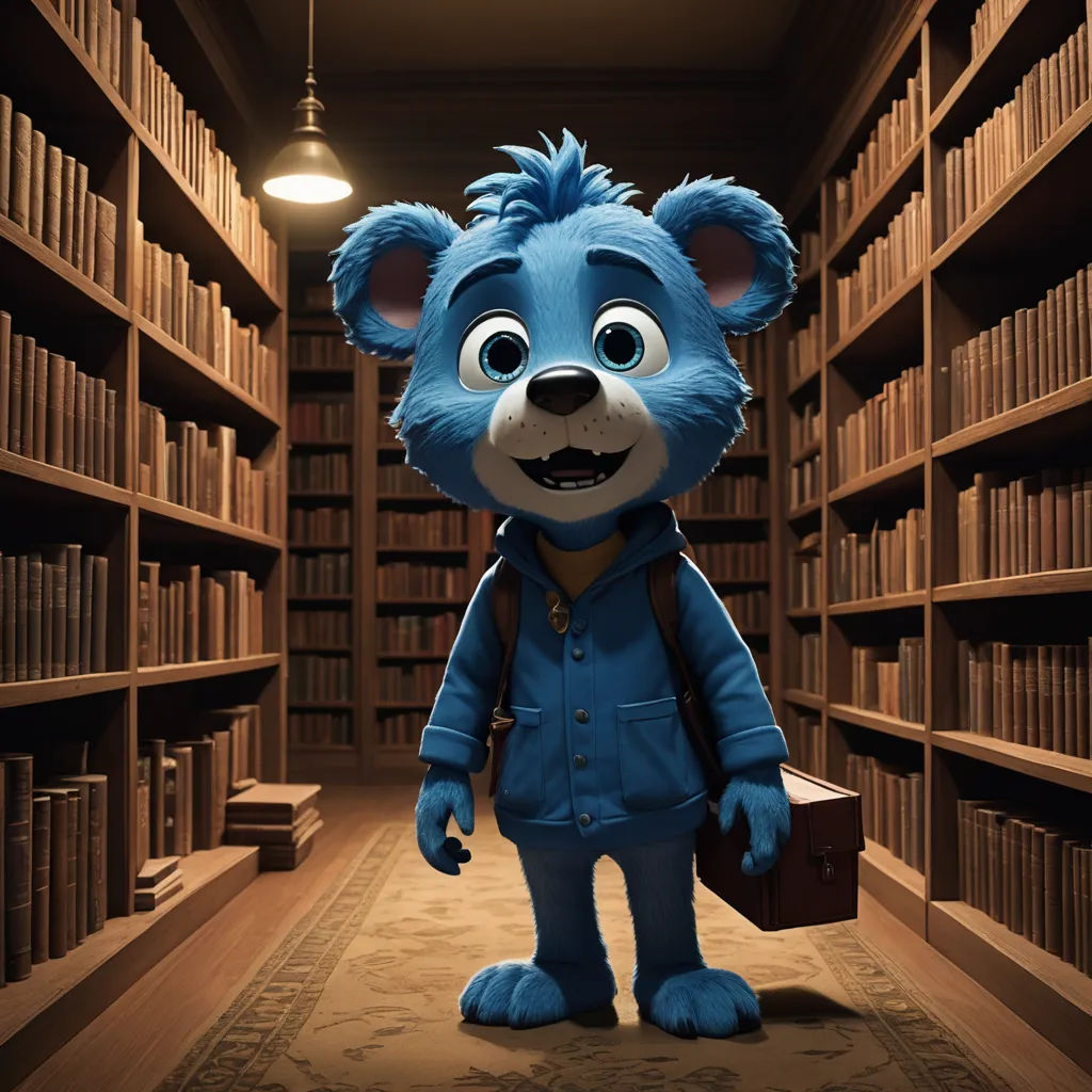 a blue bear in a library with a book case in front of him and a light above it that is on, furry art, a character portrait, Chris LaBrooy, promotional image