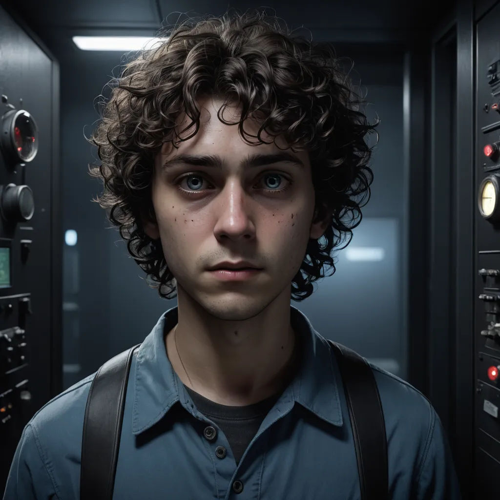a man with a backpack standing in a room with many switches and switches on the wall and a camera on the wall, les automatistes, a character portrait, Daniel Lieske, promotional image