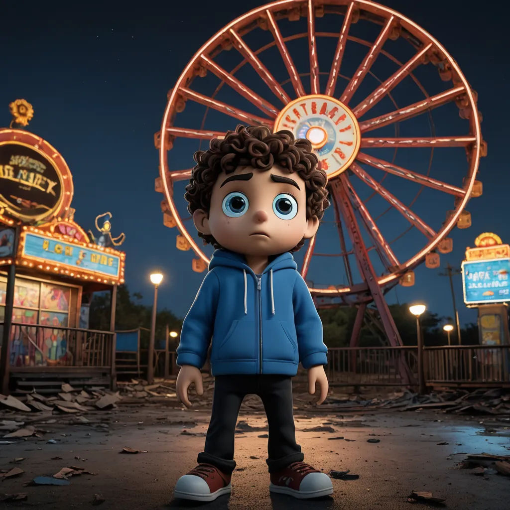 a little boy standing in front of a carnival wheel at night with a ferris wheel in the background and a ferris wheel lit up, photorealism, concept art, Eddie Mendoza, promotional image