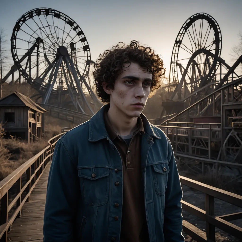 a man standing on a bridge with a roller coaster in the background at sunset or dawn, with a roller coaster in the background, serial art, a character portrait, David Budd, promotional image