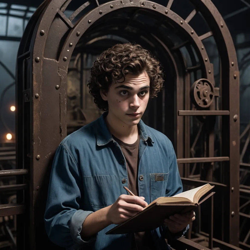 a young man is reading a book in a tunnel of metal pipes and gates, with a book open to his left, private press, a character portrait, Fletcher Martin, promotional image