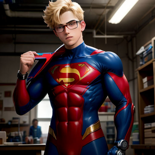 a man in a superman suit holding a tie in a room with shelves and a desk in the background