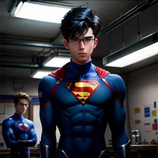 a man in a superman suit standing next to another man in a suit and glasses in a room with a ceiling light