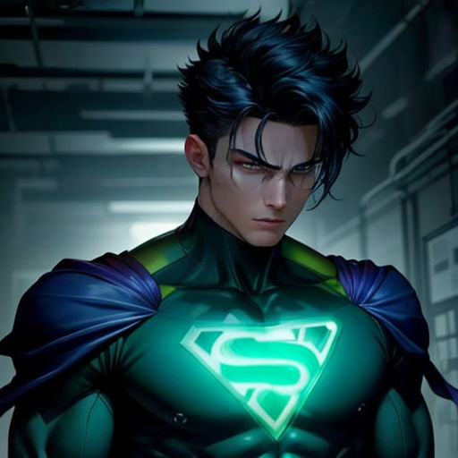 a man in a green superman suit with a green light on his chest and a green cape on his chest