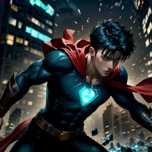 a man in a superman costume is flying through the air with his cape around his neck and his hands on his hips