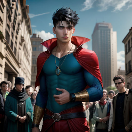a man in a superman costume standing in front of a crowd of people in a city street with a sky background