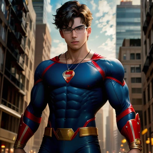 a man in a superman costume standing in the middle of a street with a city in the background and a sky in the background