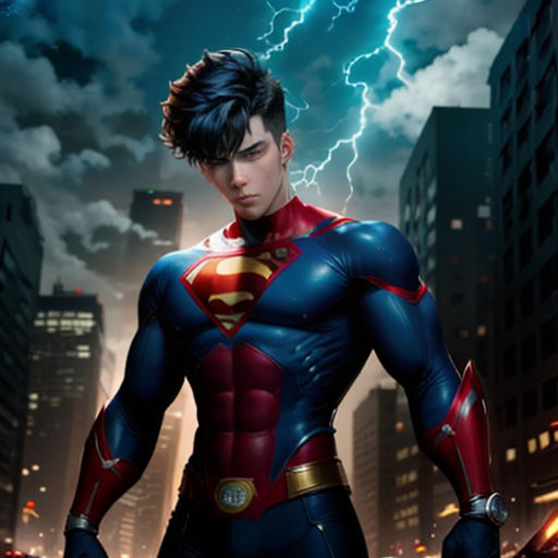 a man in a superman suit standing in front of a city with lightning in the background and a lightning bolt in the sky