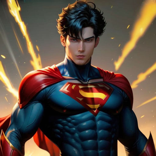 a man in a superman suit with a red cape and a yellow light behind him is a yellow background