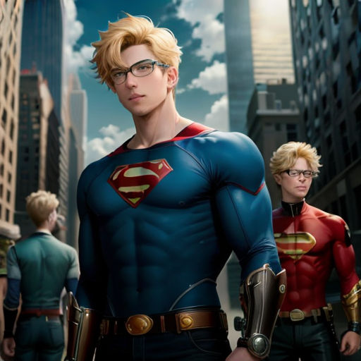 a group of young men in superman costumes standing in a city street with skyscrapers in the background and a sky background