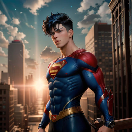 a man in a superman suit standing in front of a city skyline with skyscrapers and clouds in the background