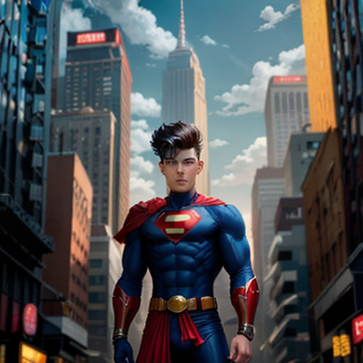 a man in a superman suit standing in the middle of a city street with skyscrapers in the background