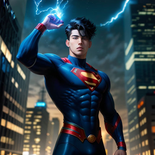 a man in a superman suit standing in front of a city at night with lightning in the sky above