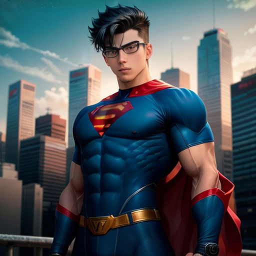 a man in a superman suit standing in front of a cityscape with skyscrapers in the background