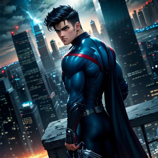 a man in a superman suit standing on a rooftop with a city in the background and a cityscape in the foreground