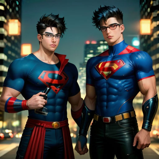 two men dressed in superman costumes standing next to each other in a city at night time with lights on