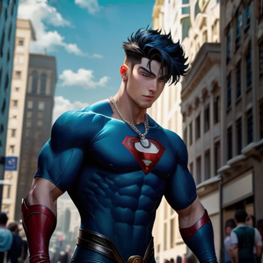 a man in a superman costume is walking down the street with a chain around his neck and a chain around his neck