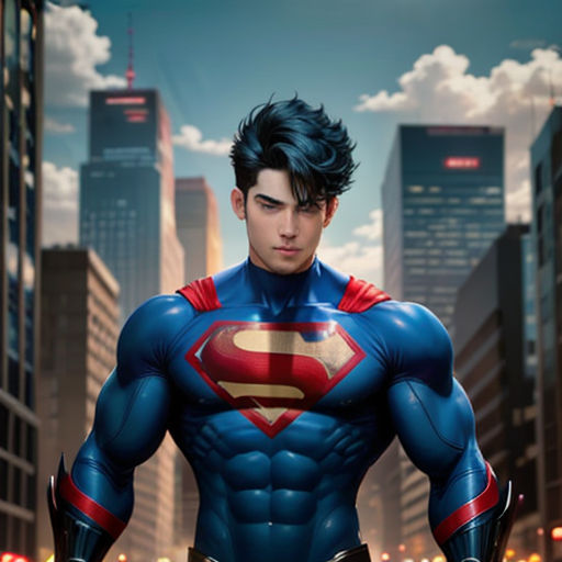 a man in a superman suit standing in front of a cityscape with skyscrapers and clouds in the background
