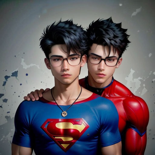 two young men dressed in superman and supermangirl costumes, one with glasses and the other with a superman shirt