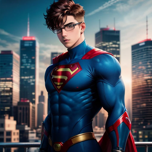 a man in a superman suit standing in front of a city skyline with skyscrapers in the background and a cityscape in the background