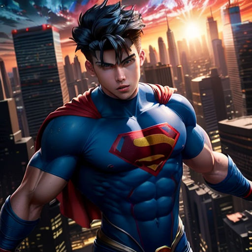 a man in a superman suit standing in front of a city skyline with a red and blue sky in the background