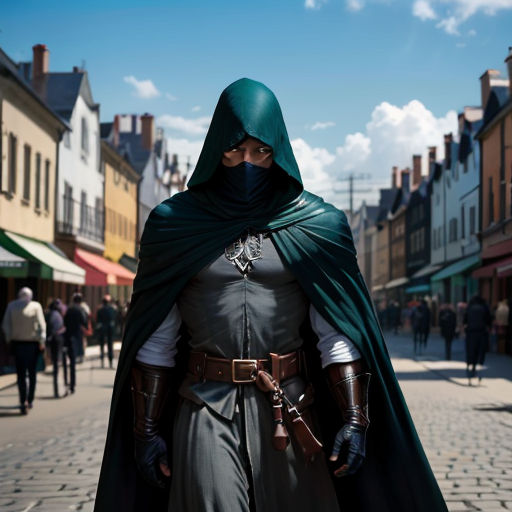 a man dressed in a green cape and a green mask is walking down a street with a gun in his hand