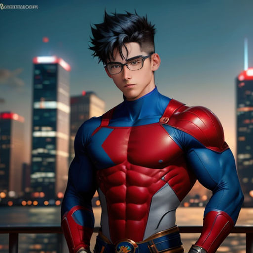 a man in a costume standing in front of a cityscape at night with a city skyline in the background