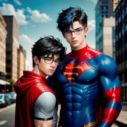 two young men dressed as superman and supermangirl standing next to each other on a city street with cars in the background
