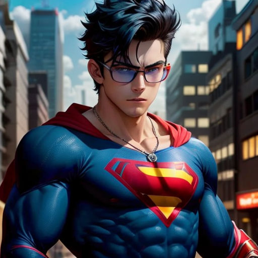 a man in a superman suit standing in the street with his hands on his hips and a city in the background