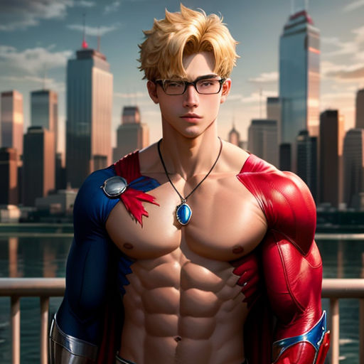 a man with a shirt on and glasses on standing in front of a cityscape with a body of water