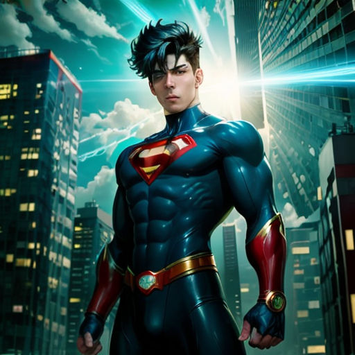 a man in a superman suit standing in front of a city skyline with a bright light coming from his chest