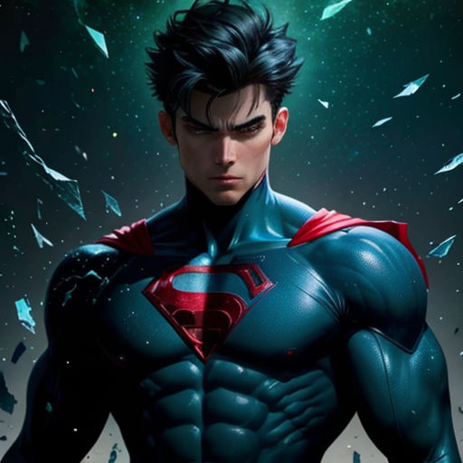 a man in a superman suit standing in front of a sky full of stars and shattered glass with a knife in his hand