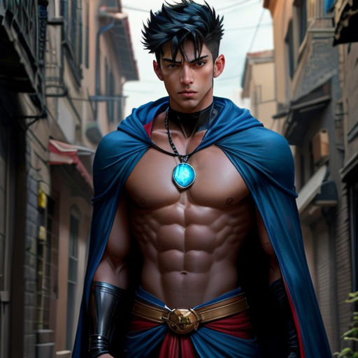 a man in a costume standing in a narrow alleyway with a sword in his hand and a glowing blue stone necklace on his chest